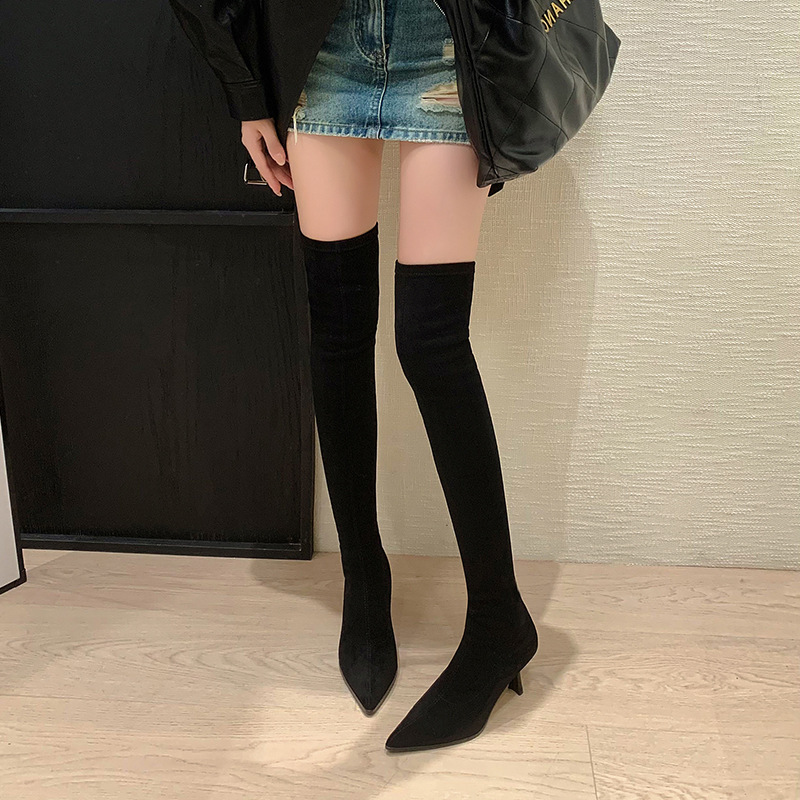 Boot nữ cổ cao qua gối mũi nhọn gót nhỏ chất liệu da lộn co giãn — Lớp lót đơn màu kaki, Lớp lót đơn màu xám, Lớp lót nhung đen, Lớp lót nhung kaki