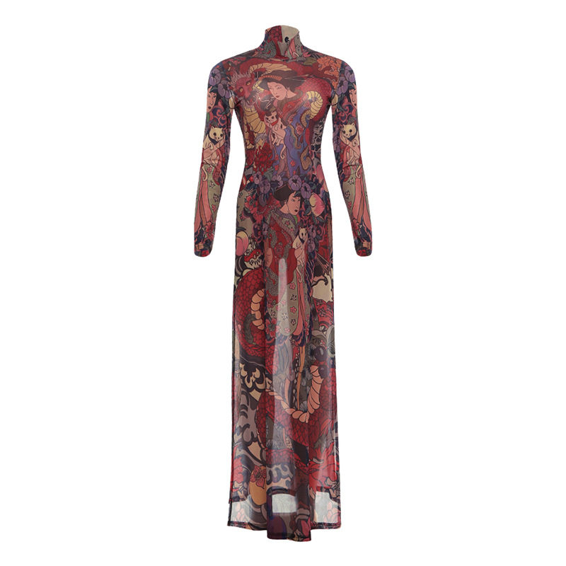 Womens Long Tunic Top Fashionable Round Neck Unique Print Slim Fit High Split Spring Style Wholesale Available