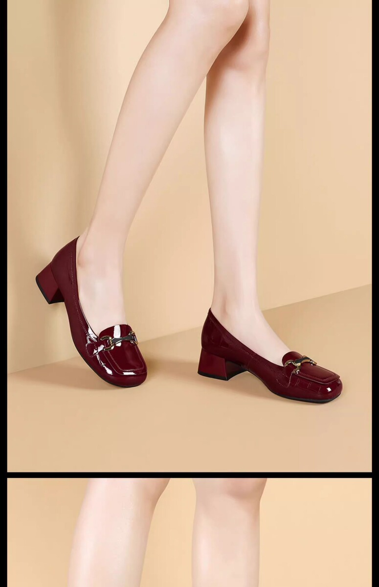 Giày lười nữ mũi vuông gót thô 3-6cm da PU mềm êm chân — Màu đen, Màu đỏ rượu, Màu mơ