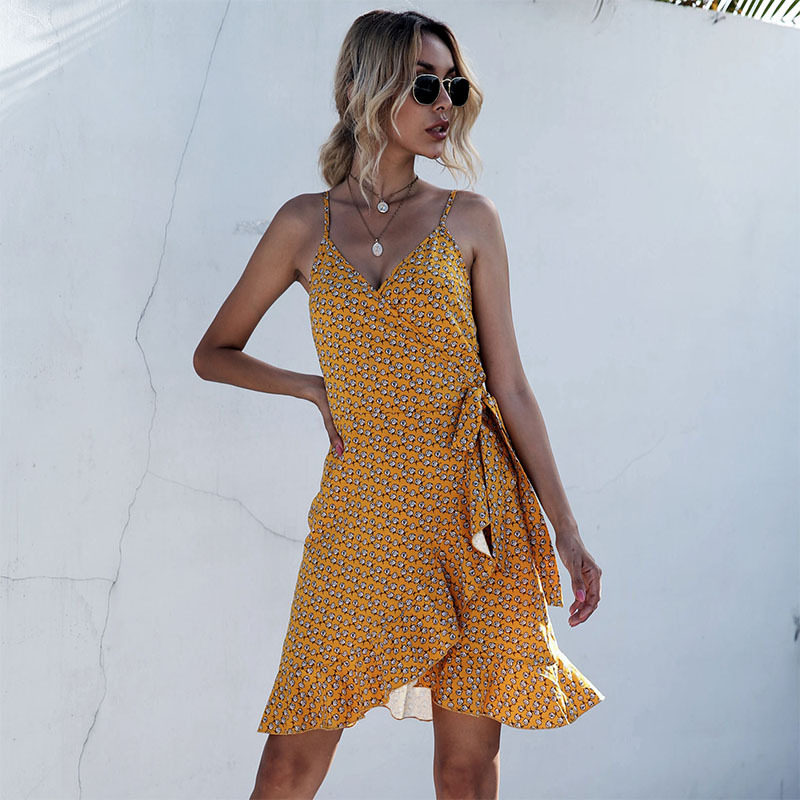 Floral Print Dress Asymmetrical Ruffle Hem Sleeveless Trendy Design Perfect for Summer Events Wholesale Available