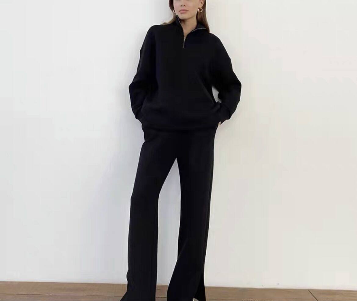 Womens Casual Solid Color Cotton Hoodie Set Zipper Fleece Lined Loose Fit Ideal for Sports and Everyday Wear