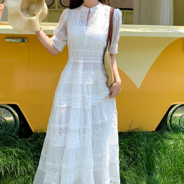 French Elegant Lace Patchwork Dress Summer Long Dress with Puff Sleeves Vacation Wear for Women OEM Available