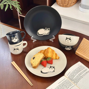 Japanese-Style Cat 8inch Stoneware Round Plate Cute Cartoon Children's Household Ceramic Underglaze Dessert Plate