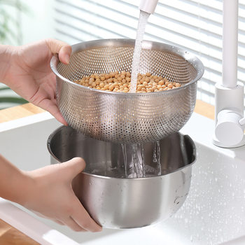 304 Stainless Steel Cooking Basin Multi-Purpose Drain Basin Drain Basket Two-Piece Set Kitchen Household Baking Egg Basin with Scale