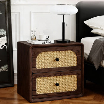 Antique Imitation Rattan Bedside Table Narrow Edge New Bedroom Home Wooden Bedside Table Retro Storage Bedside Table