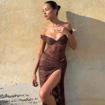 Cross-Border Summer New European and American Style Sexy Patchwork Shoulderless Backless Jumpsuit See-Through Lace Slit Long Skirt Set for Women