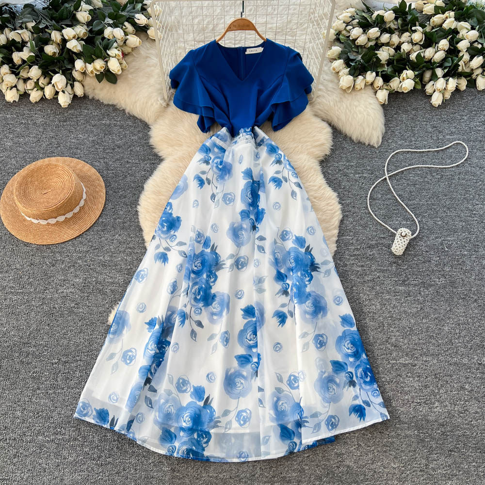 French Style V Neck Ruffle Sleeve Color Block Printed Maxi Dress for Women Summer Fashion Slim Fit Elegant Design
