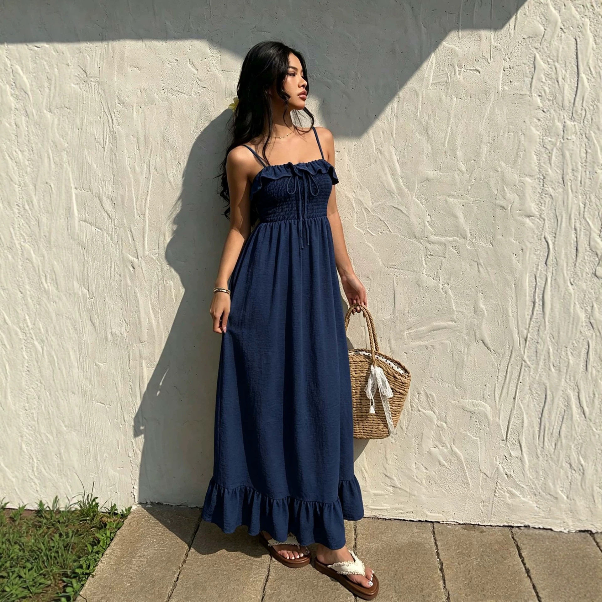 Ruffled Hem Maxi Dress Sleeveless Backless Waist Defining Summer Vacation Style Wholesale Available