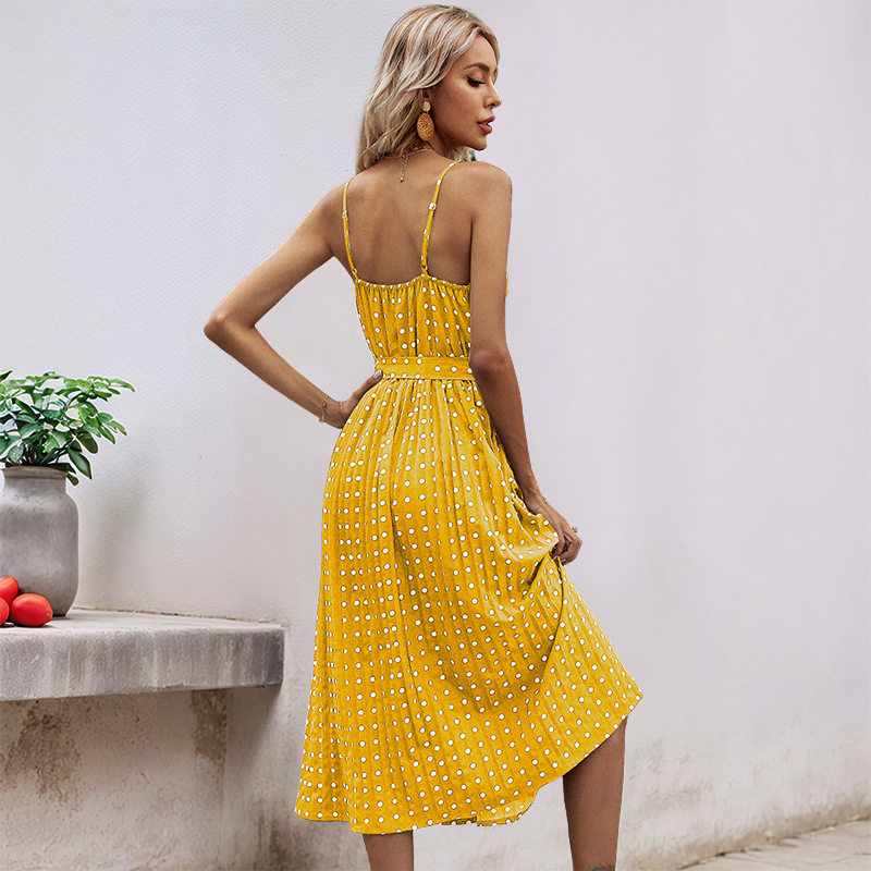 Polka Dot Midi Dress Sleeveless Tie Waist Pleated Design Casual Summer Wear Wholesale Available