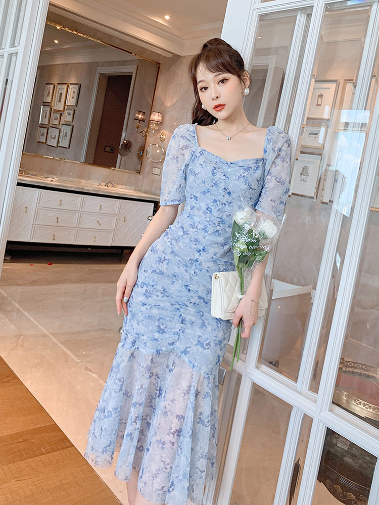 Đầm maxi nữ thắt eo cổ vuông họa tiết hoa tay bồng — [Xanh nhạt] chi tiết 1