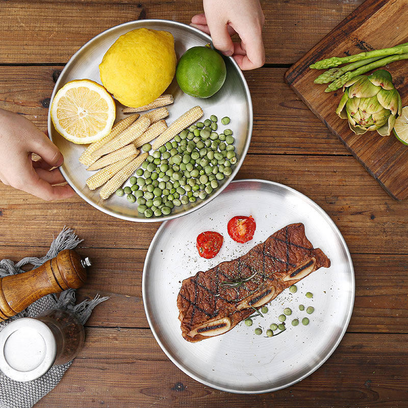 Korean-style Stainless Steel Thickened Plate Round Barbecue Plate Cake Plate Western Food Self-service Sweet Plate Flavor Dish Drawing