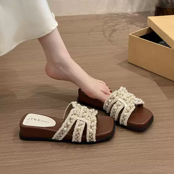 Elegant Women's Espadrille Sandals 2026 New Arrival Summer French Style Pearl Wedge Beach Slippers