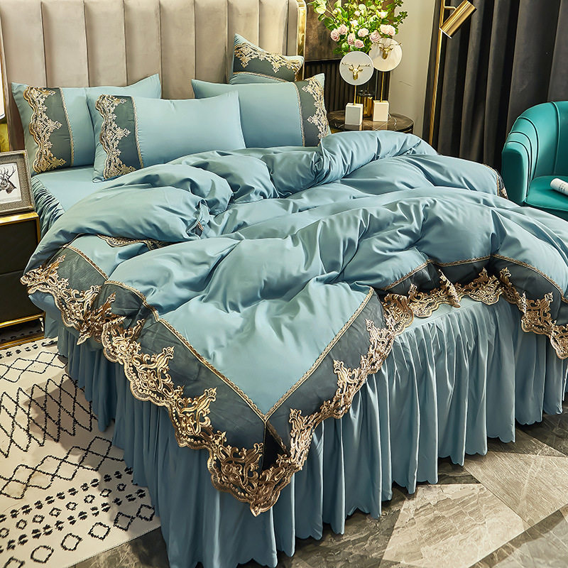 Cross-Border Amazon Light Luxury Collection Art Skin-Friendly Brushed European Lace Bed Skirt Bedspread Three or Four-Piece Set Factory Wholesale