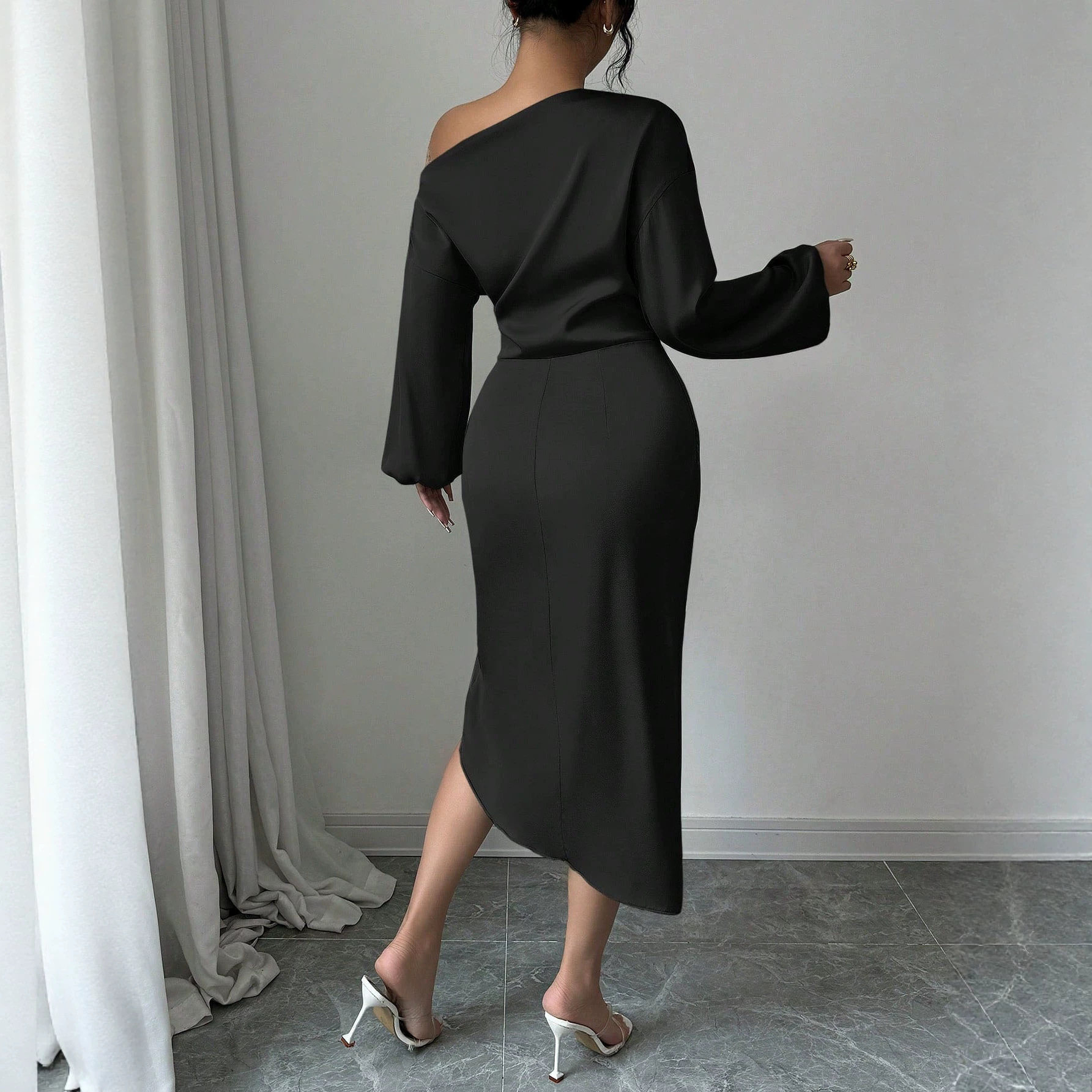 Asymmetrical Long Sleeve Dress Ruched Slit Bodycon Fit Elegant Evening Wear Wholesale Available