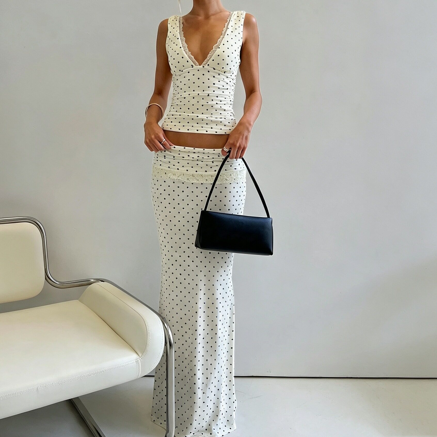 V Neck Sleeveless Polka Dot Top and Long Skirt Set Slim Fit Vacation Style Summer Wholesale Available