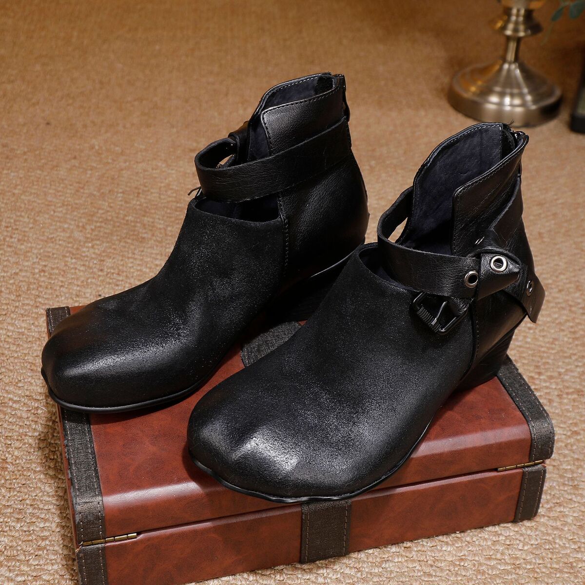Boot nữ cổ thấp da bò thật gót thô khóa kéo sau mũi tròn — màu đen, Màu nâu cà phê