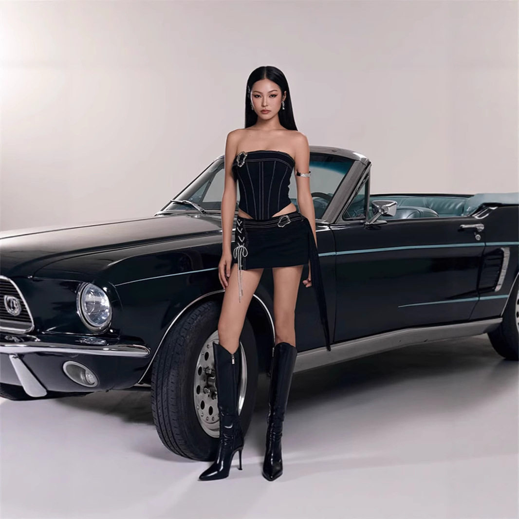 Womens Sexy Strapless Asymmetrical Top Slim Fit Trendy American Street Style Matching Bodycon Mini Skirt Set