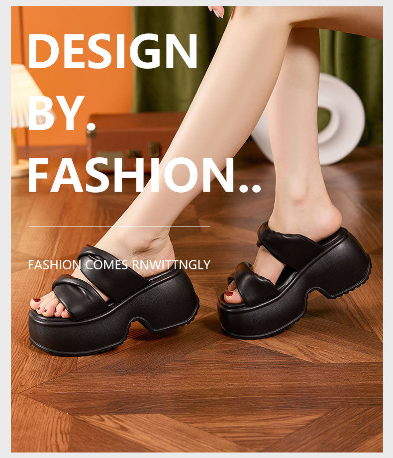 Sandal nữ đế dày platform mũi tròn quai chữ V — Len sạch, Đen chi tiết 10