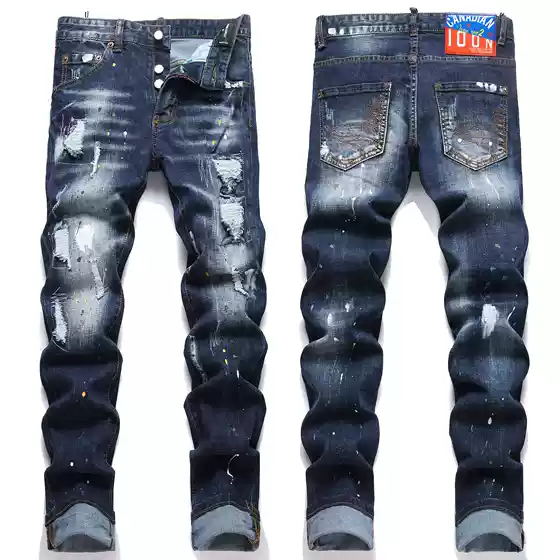 DSQ New European and American Foreign Trade Punk Embroidery Grinding Paint Elastic Tight Men's Jeans Trendy D4019