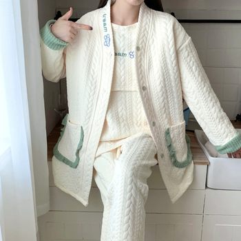 Maternity Pajamas Autumn and Winter Air Cotton Layered Thickened Three-Piece Set Solid Color Postpartum Nursing Maternity Wear