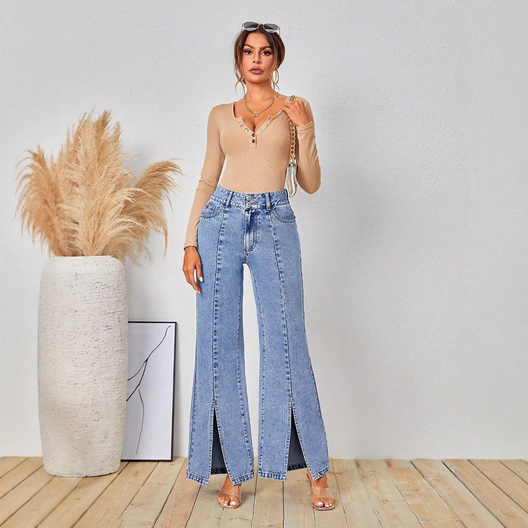 Womens Slim Fit High Slit Denim Pants Stylish Design Trendy Look Comfortable Fabric Perfect for Casual Outings