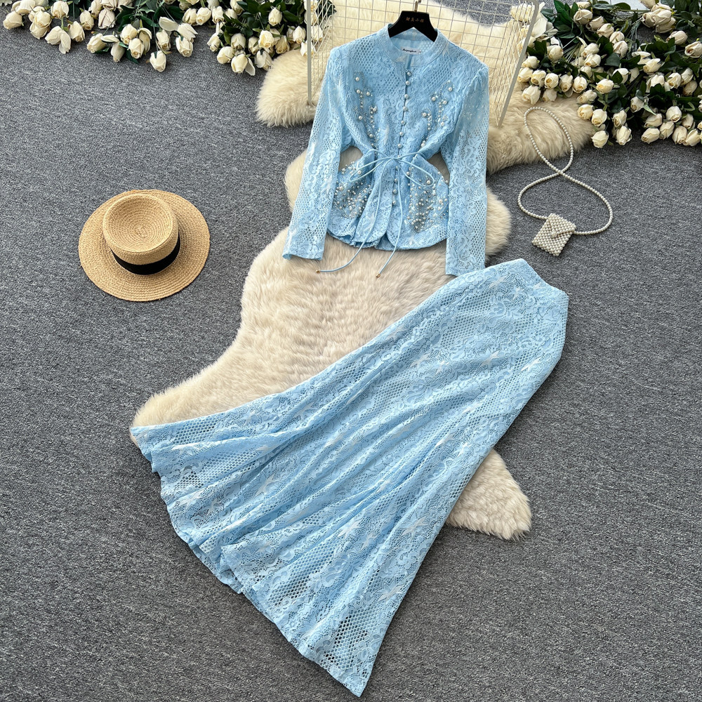 French Style Two Piece Set Beaded V Neck Lace Detail Slim Fit Summer Office Wear for Elegant Women Wholesale