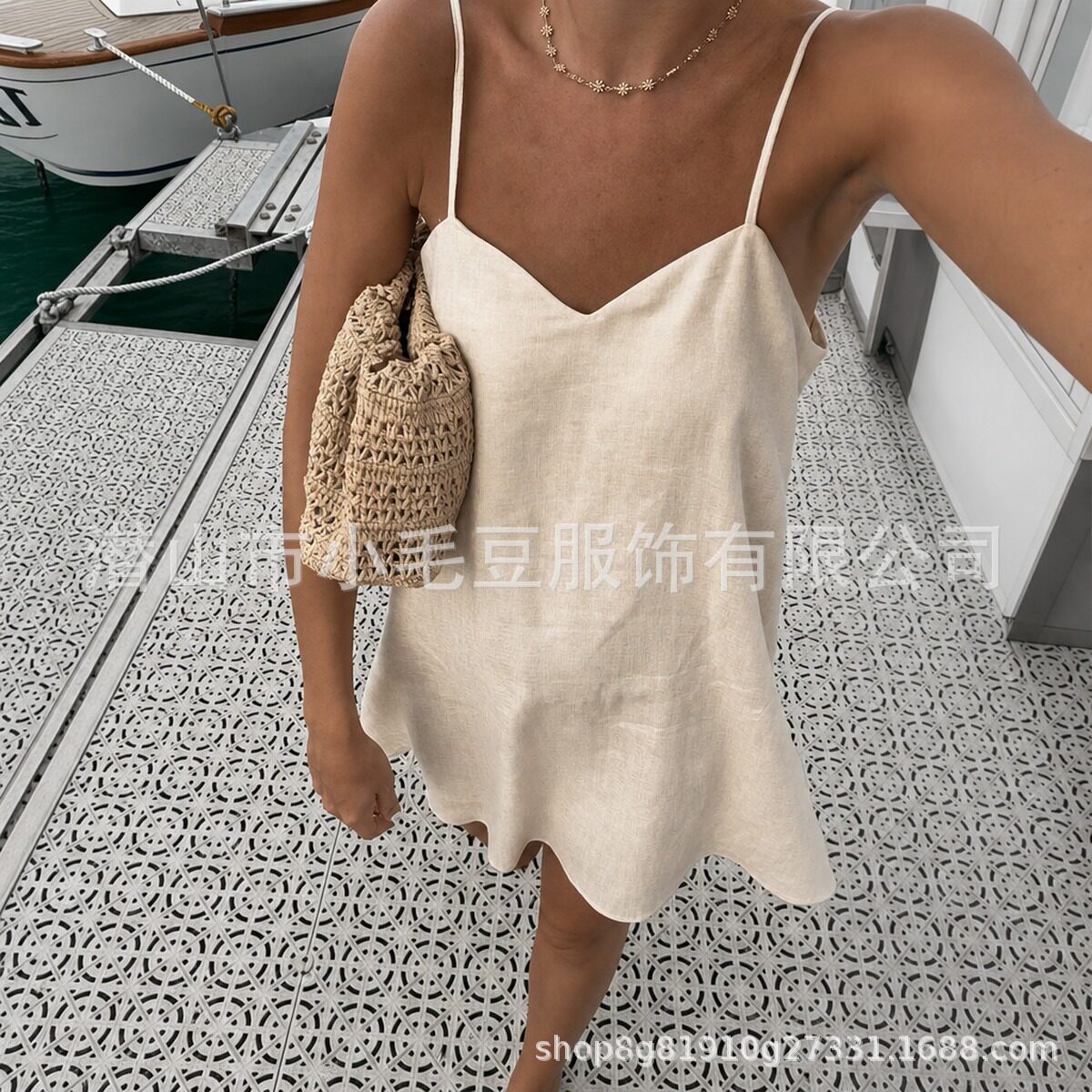 A Line Linen Dress V Neck Loose Fit Sleeveless Peach Color Beach Vacation Wear Wholesale Available