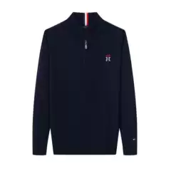 Cross-Border New Men's Sweater, Thickened and Warm, Stand-Up Collar, Zipper Pullover, Men's Pure Cotton Embroidered Knitwear