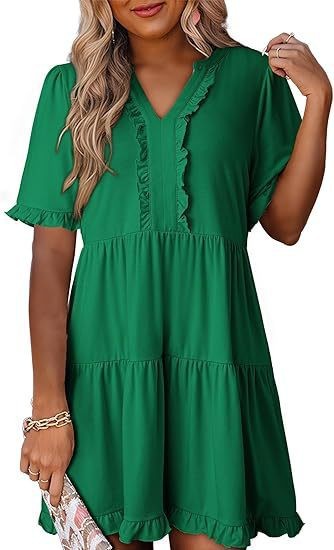 Loose Fit V Neck Short Sleeve Dress Solid Color Ruffle Hem Spring Summer Style Wholesale Available