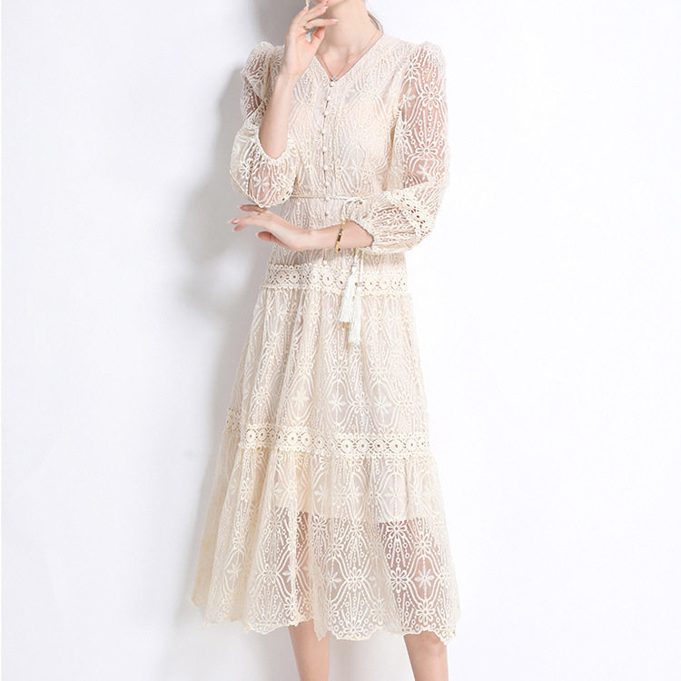Elegant French Style Womens Dress High End Design Waist Tie Lantern Sleeves Embroidered Tulle Perfect for Formal
