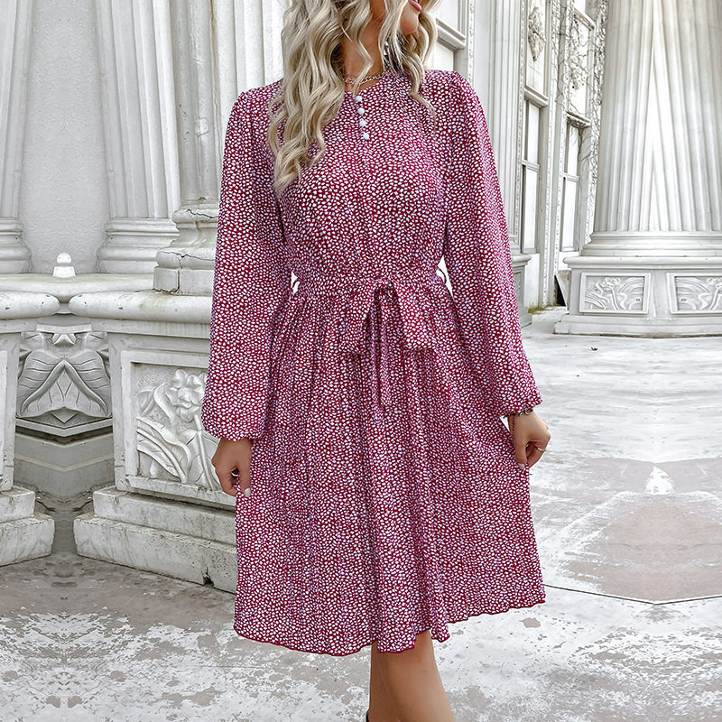 Floral Print Long Sleeve Dress Casual Sweet Elegant Round Neck Versatile Style Wholesale Available