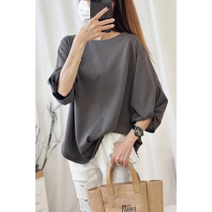 跨境爆款七分袖T恤女年早秋季新款时尚宽松遮肉显瘦半袖上衣ins风