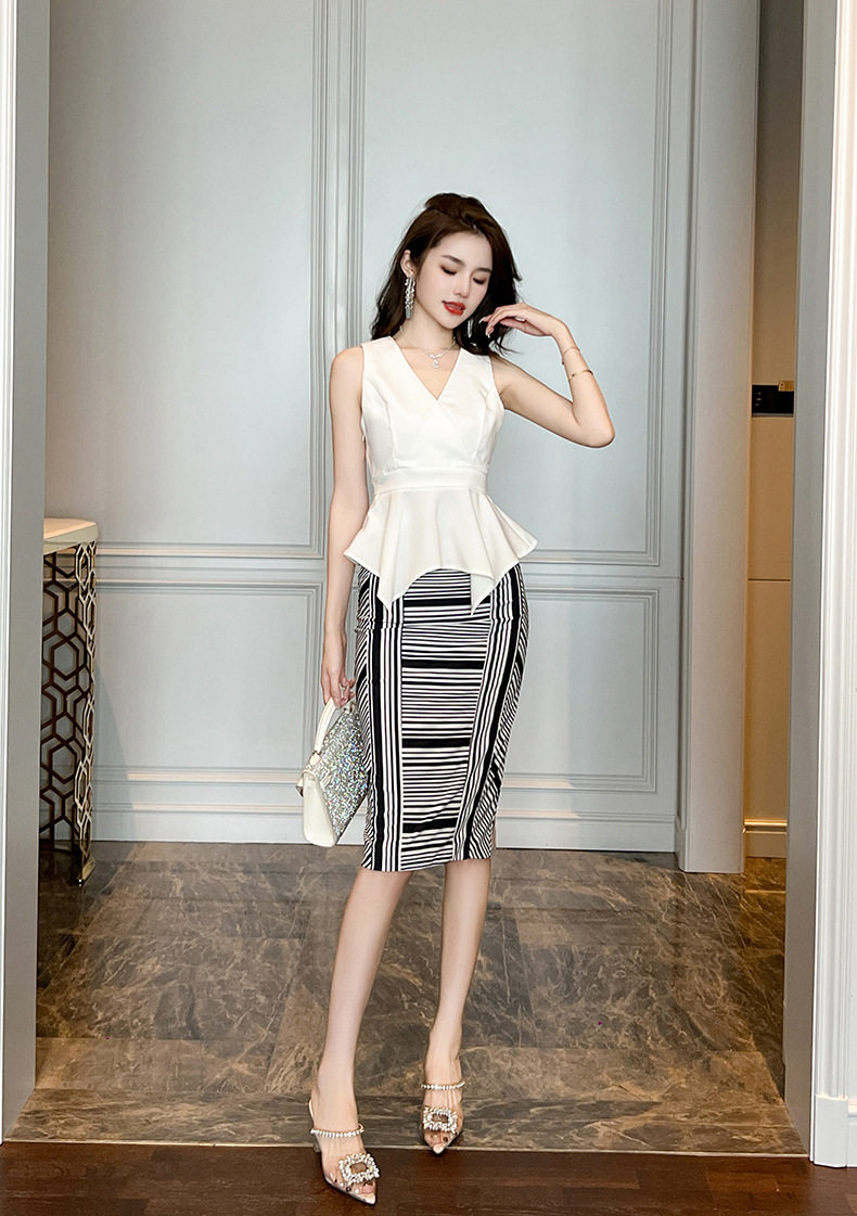 Chân váy bút chì nữ ôm eo cao sọc kẻ trắng đen dáng midi — [Sọc đen trắng] chi tiết 13