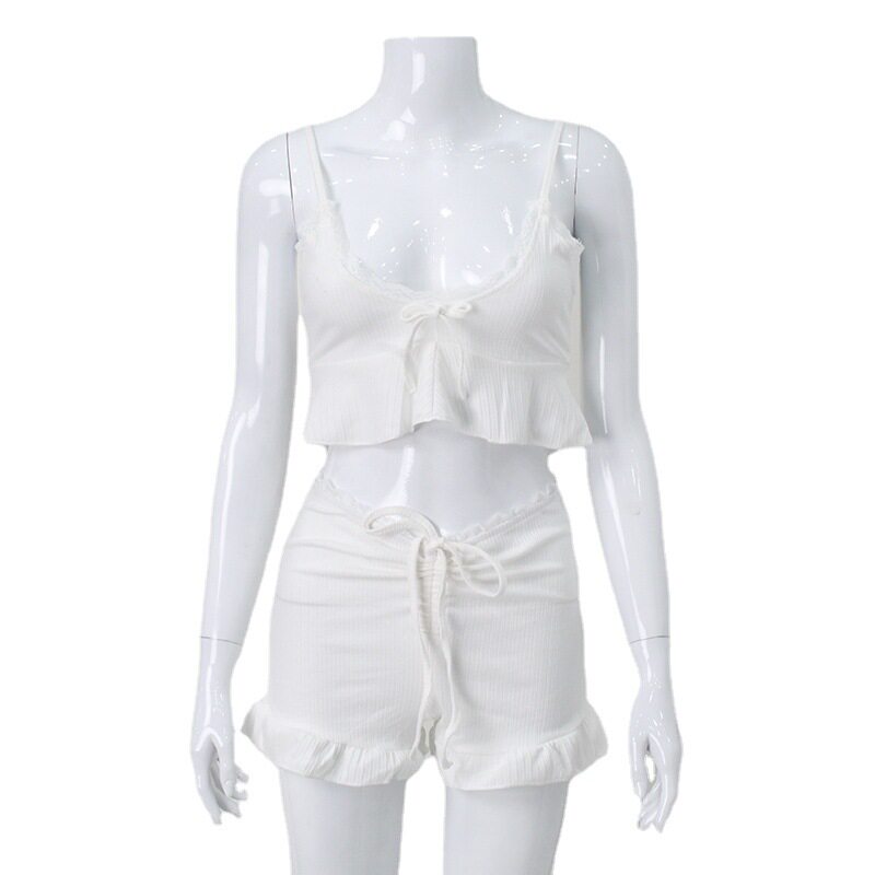 Lace Trim Cami and Ruffle Shorts Set Summer Casual Loungewear Sexy Home Outfit Wholesale Available