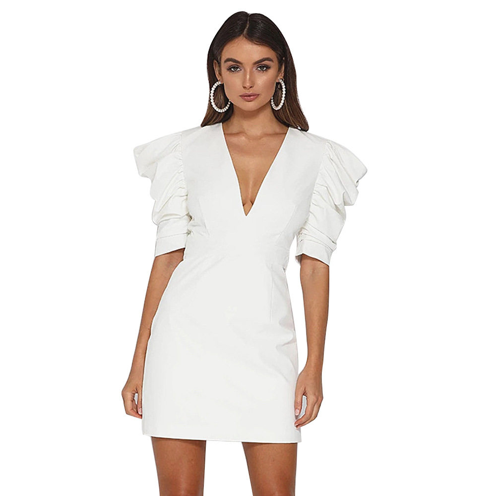 French Vintage Style White Deep V High Waist Backless Dress with Puff Sleeves Elegant Office Wear Wholesale Available