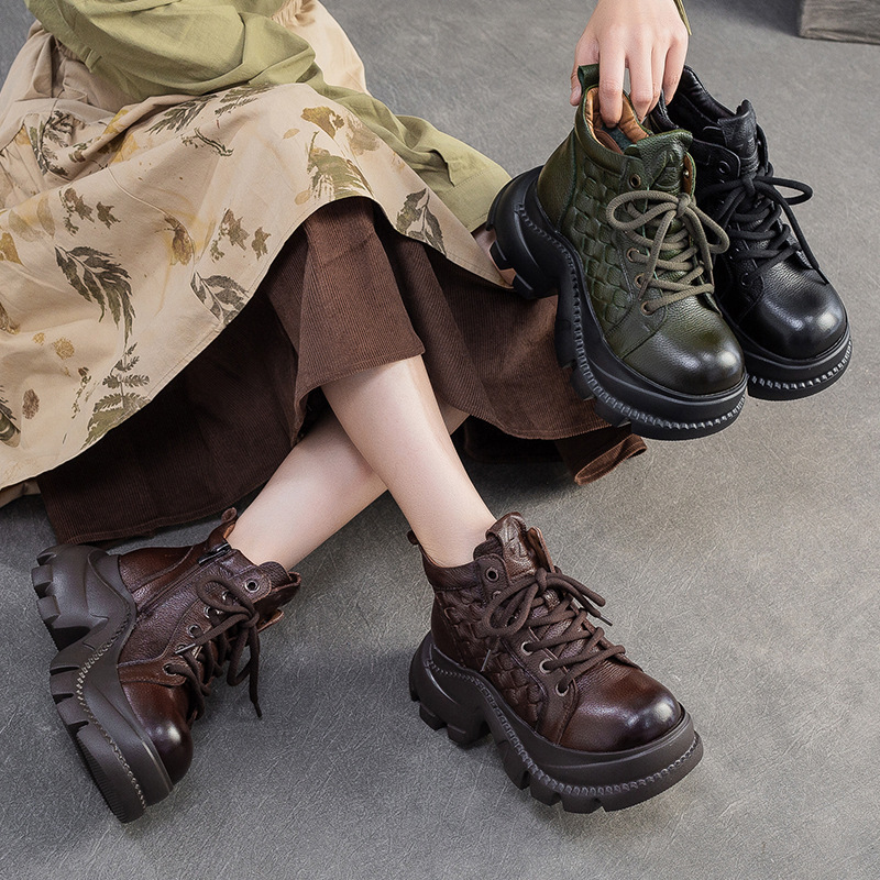 Giày Boot Cổ Thấp Nữ Chất Liệu Da Bò Tăng Chiều Cao Hàng Mùa Xuân Thu Đông Phục Cổ Cổ Điển