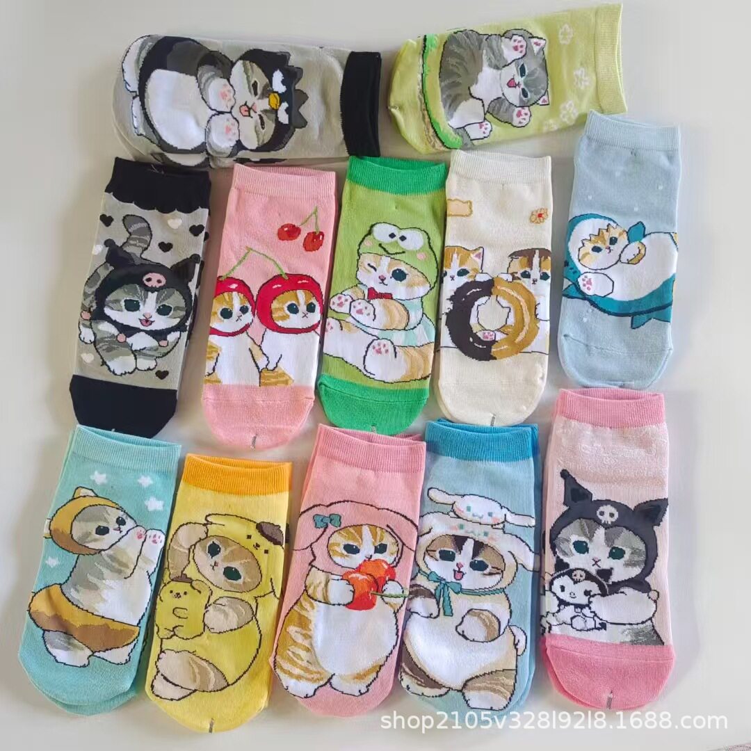 日单mofusand鲨鱼猫库存炸虾猫系列外贸出口女卡通棉袜短袜可爱袜