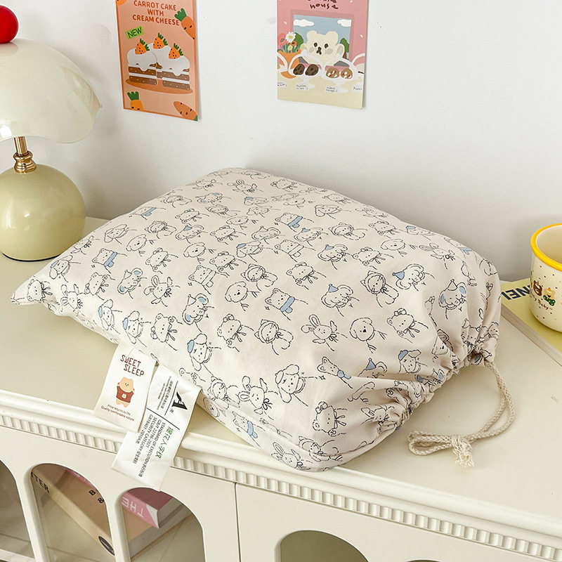 Thickened Ancient Twill Washed Cotton Set, Herringbone Pattern Small Cloth Bag, Four-Piece Cotton and Linen Floral Bedding Set