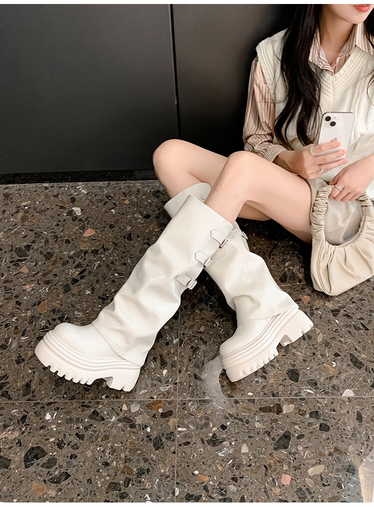 Boot nữ cổ cao ôm bắp chân da bò đế dày tôn dáng — Lớp lót đơn màu nâu 12cm, Lớp lót đơn màu nâu 15cm, Lớp lót đơn màu trắng nhạt 12cm, Lớp lót đơn màu trắng nhạt 15cm