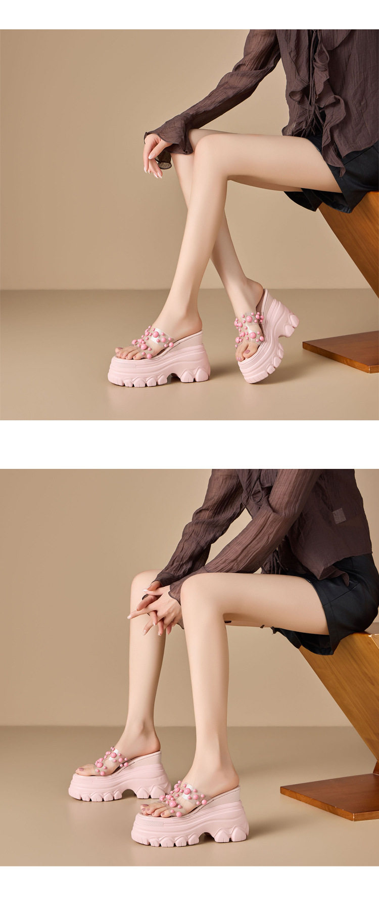 Dép sandal cao gót nữ đế xuồng platform 12cm phong cách Hàn Quốc — [Trắng kem], [Đen], [Hồng] chi tiết 4