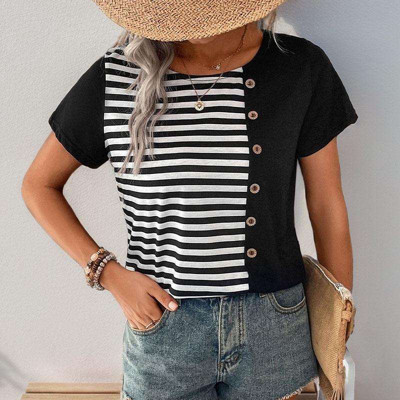 Summer Womens Striped Color Block T Shirt Short Sleeve Casual Style Lightweight Fabric Wholesale Available