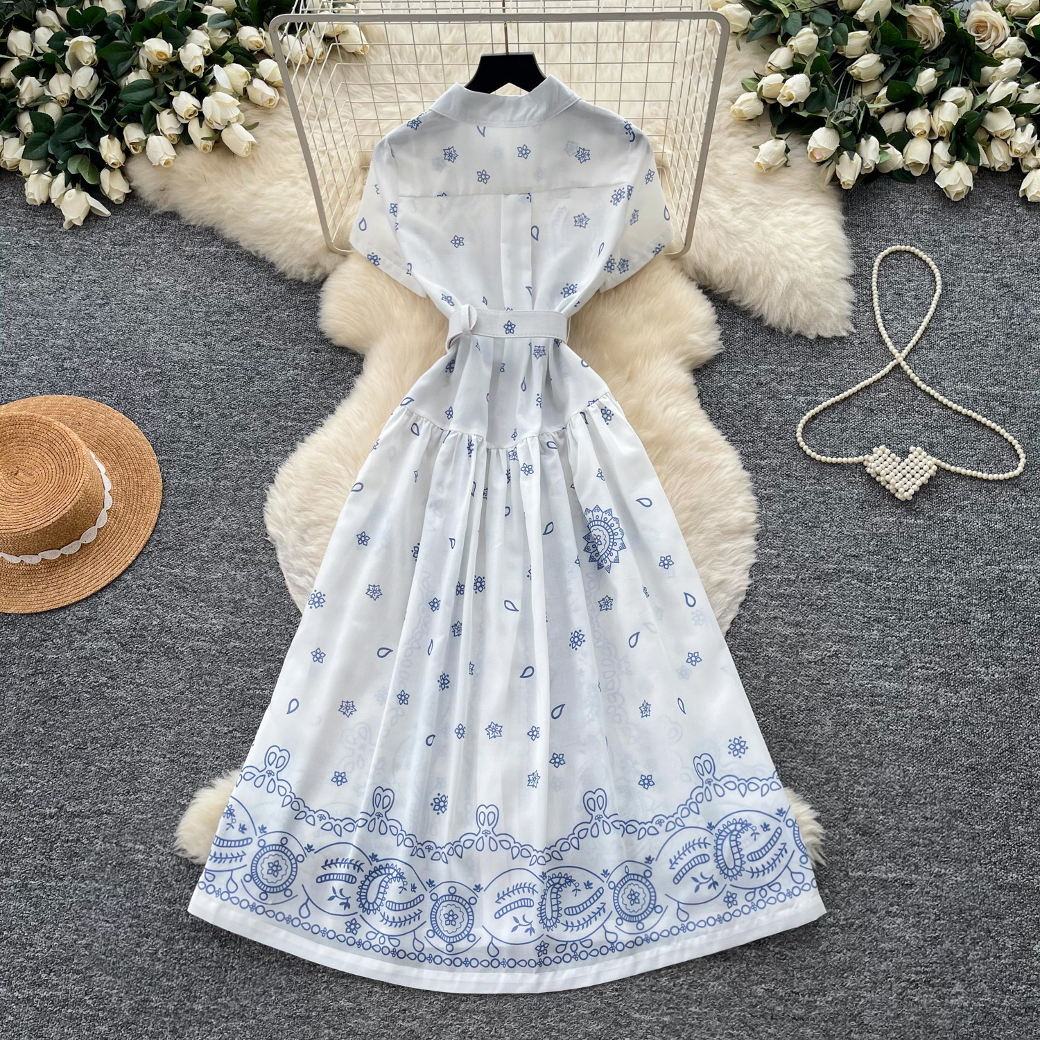 Geometric Print Shirt Dress French Vacation Style Sleeveless Waist Defined Elegant Long Dress Summer Wear