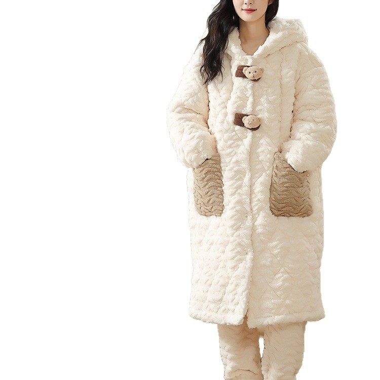 Pajamas for Women Winter Autumn and Winter Three-Layer Quilted Coral Velvet Nightgown Fleece-Lined Thickeneded Warm Home Clothes 2025 New Style