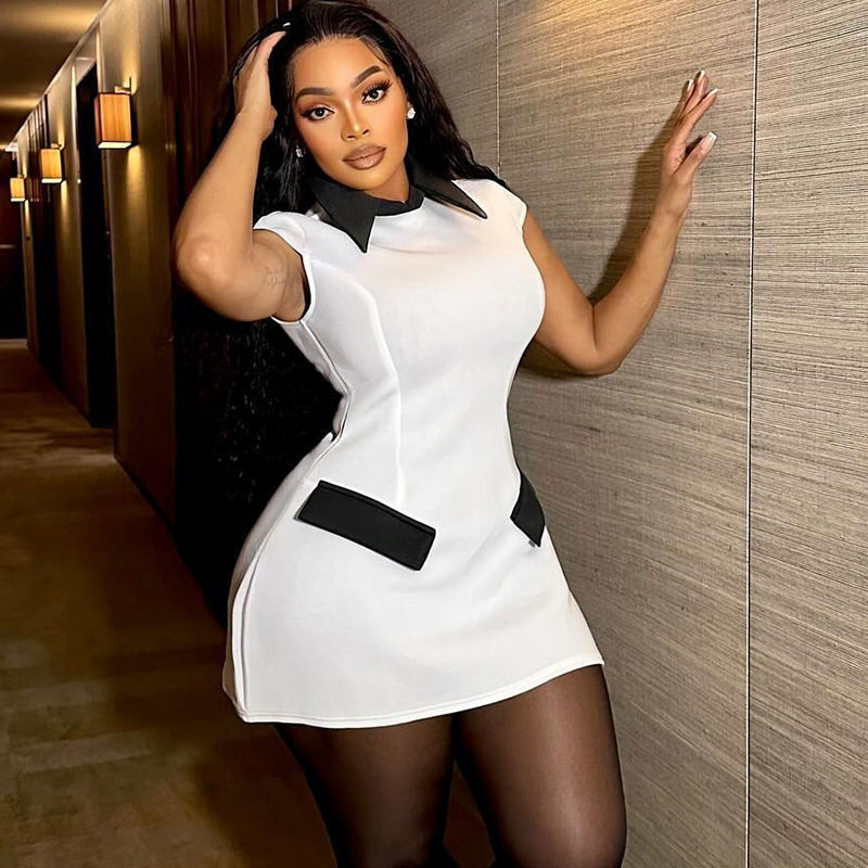 Color Block Bodycon Dress Short Sleeve Polo Collar Pocket Design Chic Casual Wear for Women Wholesale Available