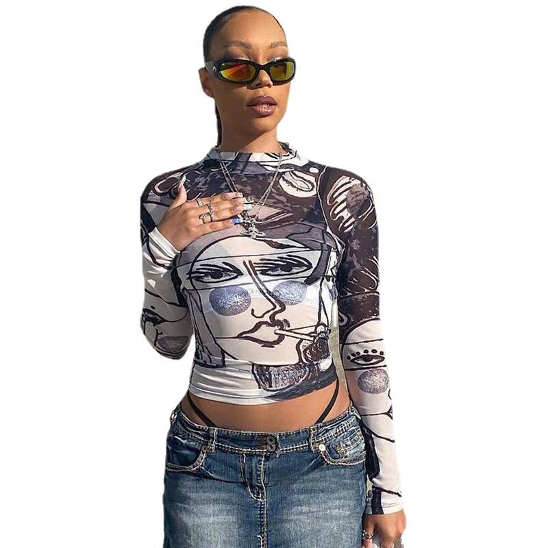 Womens High Waisted Cropped T Shirt Sexy Sheer Mesh Round Neck Long Sleeve Face Print Casual Wear Wholesale
