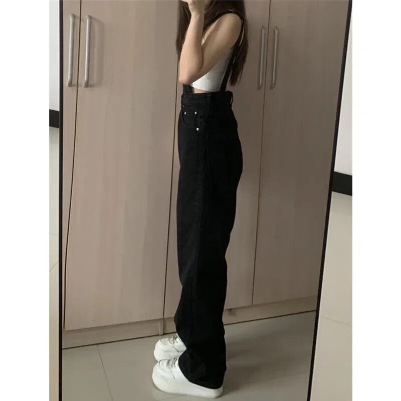 Vintage Black Denim Overalls for Women High Waist Loose Fit Straight Leg Casual Spring Fall Style Wholesale