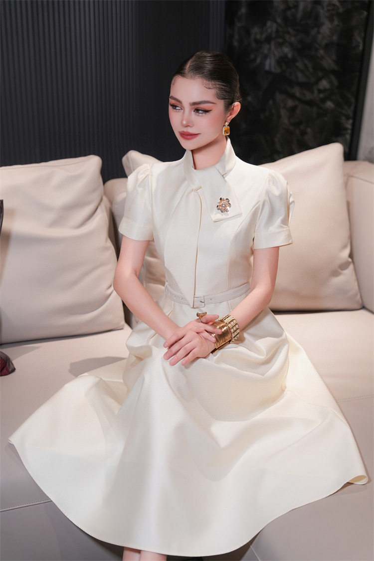 Đầm maxi nữ thắt eo phong cách châu Âu cổ điển — Hồng, Đào chi tiết 9