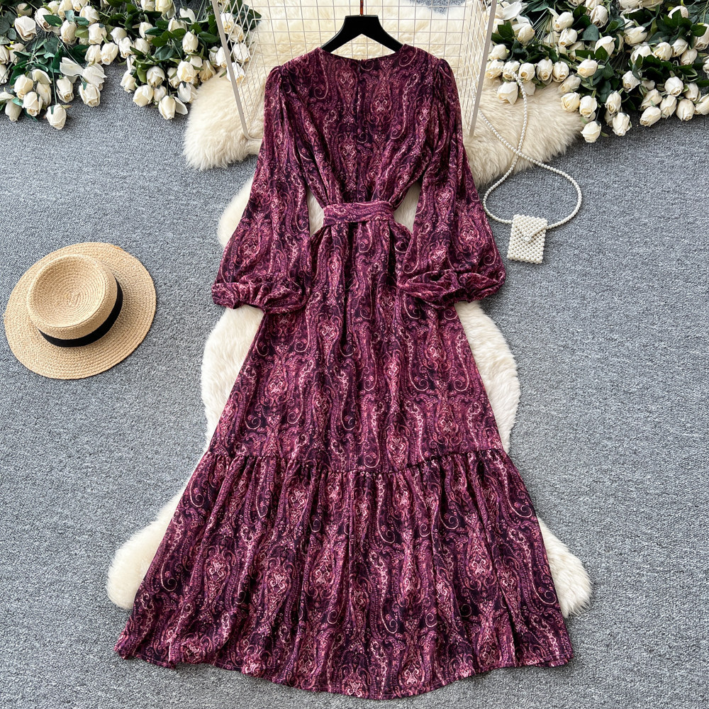 French Style Floral Maxi Dress Loose Fit Long Sleeve Waist Tie A Line Silhouette Spring and Autumn Wear Wholesale