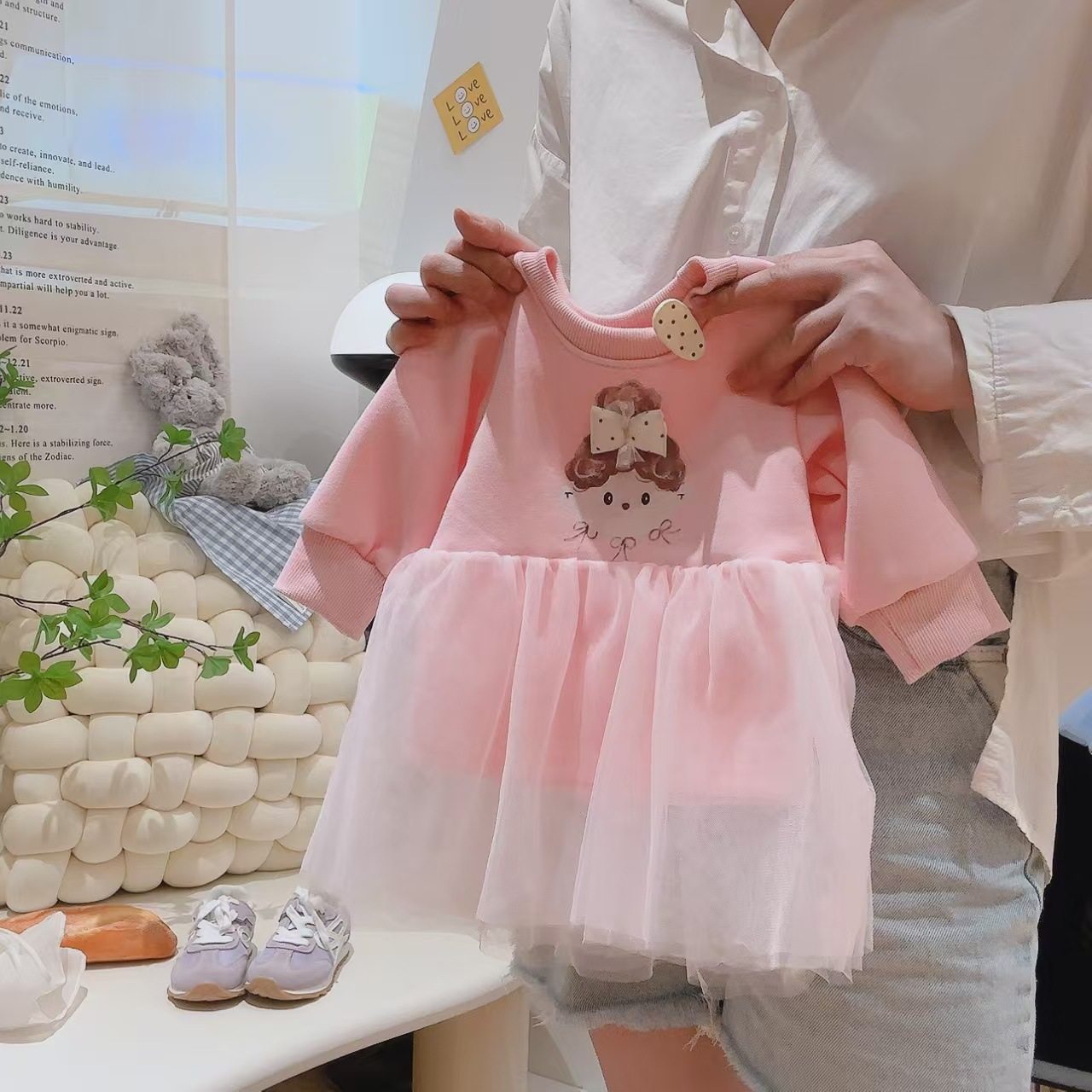 Girls' Cartoon Set, New Autumn Baby Mesh Patchwork Hoodie & Stacked Leggings Two-Piece Outfit