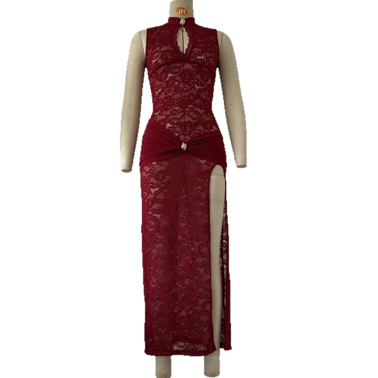 欧美跨境外贸热销新款性感时尚蕾丝镂空高开叉修身无袖连衣裙女